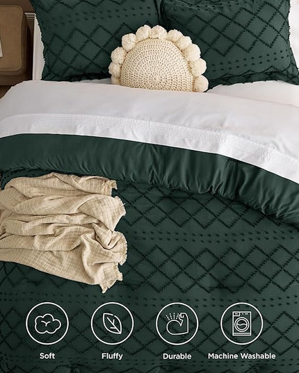 Bedsure Full Size Comforter Set - Dark Emerald Green Comforter, Forest Green Boho Tufted Shabby Chic Bedding Comforter Set, 3 Pieces Vintage Farmhouse Bed Set with 2 Pillow Shams for All Seasons - LeafyLoom