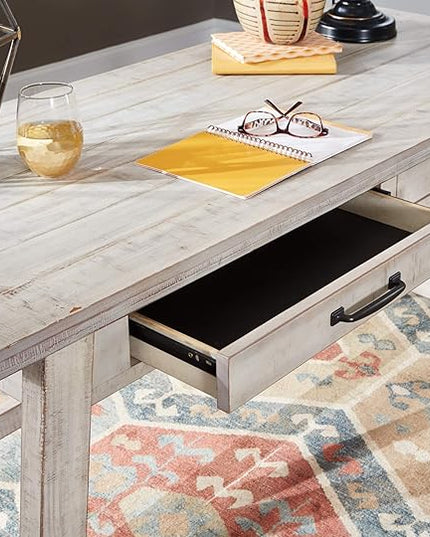 Signature Design by Ashley Carynhurst Farmhouse 60" Home Office Desk with Drawers, Distressed White & Bellaby Farmhouse Pier with 3 Adjustable Shelves, Whitewash - LeafyLoom