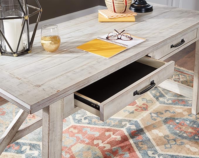 Signature Design by Ashley Carynhurst Farmhouse 60" Home Office Desk with Drawers, Distressed White & Bellaby Farmhouse Pier with 3 Adjustable Shelves, Whitewash - LeafyLoom
