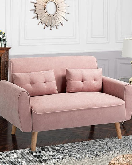 Shintenchi 47" Loveseat Wood Sofa with High-Density Sponge Cushion, Mid-Century Modern Design, Pink - LeafyLoom
