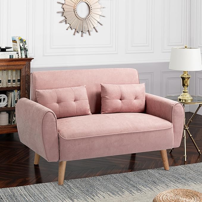 Shintenchi 47" Loveseat Wood Sofa with High-Density Sponge Cushion, Mid-Century Modern Design, Pink - LeafyLoom