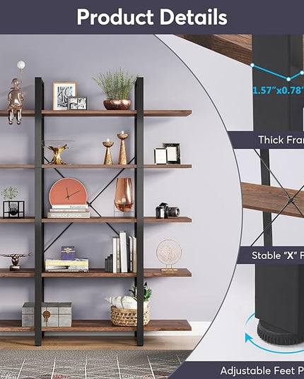 Tribesigns 5-Tier Bookshelf, Vintage Industrial Style Bookcase 72 H x 12 W x 47L Inches, Retro Brown - LeafyLoom