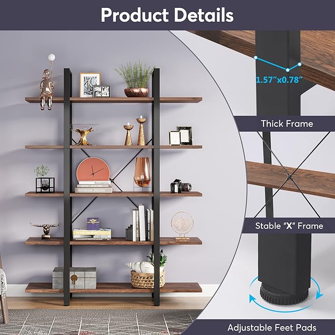 Tribesigns 5-Tier Bookshelf, Vintage Industrial Style Bookcase 72 H x 12 W x 47L Inches, Retro Brown - LeafyLoom