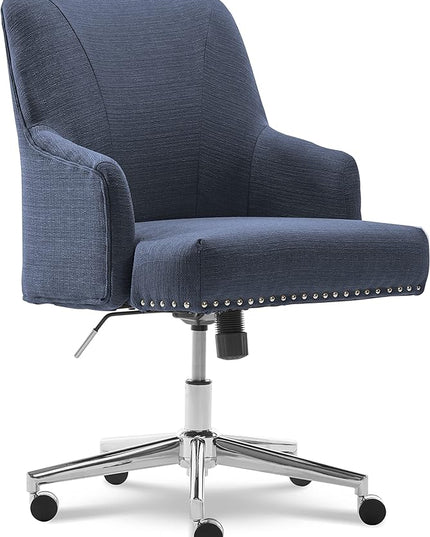 Serta Leighton Modern Office Chair, Stylish Mid-Back Desk Chair, Rivet Detail, Serta Quality Memory Foam, Armchair with Wheels, Vanity Chair, Swivel Chrome Metal Base, Twill Fabric, Blue - LeafyLoom