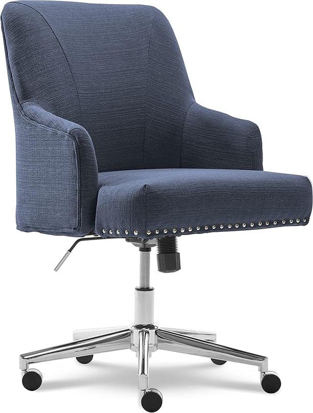 Serta Leighton Modern Office Chair, Stylish Mid-Back Desk Chair, Rivet Detail, Serta Quality Memory Foam, Armchair with Wheels, Vanity Chair, Swivel Chrome Metal Base, Twill Fabric, Blue - LeafyLoom