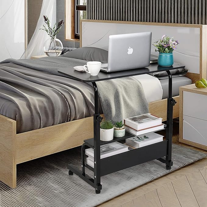 Adjustable Home Office Desk Portable Study Computer Rolling Desk for Small Spaces Movable Sofa Side Table on Wheels Student Small Laptop Desk with Storage Black Size 31x16 Inch - LeafyLoom