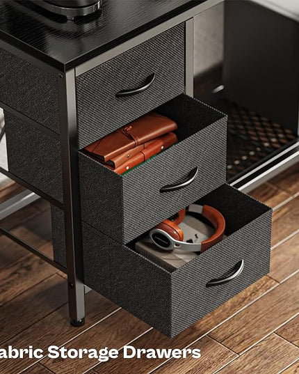 Reversible L Shaped Computer Desk with Drawers, Gaming Desk with LED Lights and Power Outlets, Office Desk with Storage Shelves, for Home & Office, Black - LeafyLoom