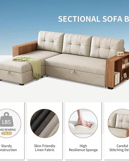 84" Sectional Sleeper Storage Chaise,L Shaped Pull Out Couch with Cabinet,Convertible Corner Sofa Bed W/ 3 Back Cushions for Living Room,Office,Apartment,Small Spaces,Beige - LeafyLoom