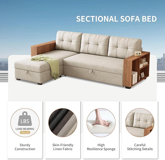 84" Sectional Sleeper Storage Chaise,L Shaped Pull Out Couch with Cabinet,Convertible Corner Sofa Bed W/ 3 Back Cushions for Living Room,Office,Apartment,Small Spaces,Beige - LeafyLoom