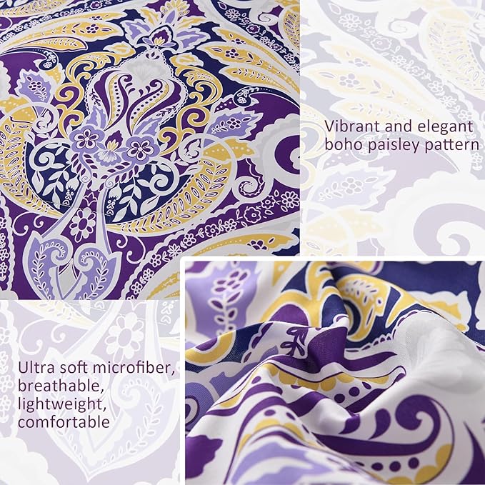 Yiran Purple Paisley Comforter Set Queen 7 Pieces Bed in a Bag Boho Comforter Lightweight Microfiber Reversible Bedding Set (1 Comforter, 1 Flat Sheet, 1 Fitted Sheet, 2 Pillowcases, 2 Pillow Shams) - LeafyLoom