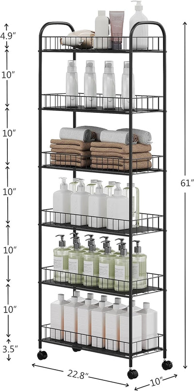 6-Tier Slim Rolling Cart,Narrow Shelving,Kitchens, Bathroom, Garages, Laundry rooms, Offices,10" D x 22.8" W x 61" H - LeafyLoom