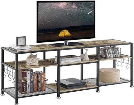 VECELO 63" TV Stand for 60/65/70 Inch Television, Entertainment Center with Storage Shelves & Hooks, 3-Tier Modern Wooden Console Table for Living, Bedroom and Gaming Room, 63 Inch, Oak Grey - LeafyLoom