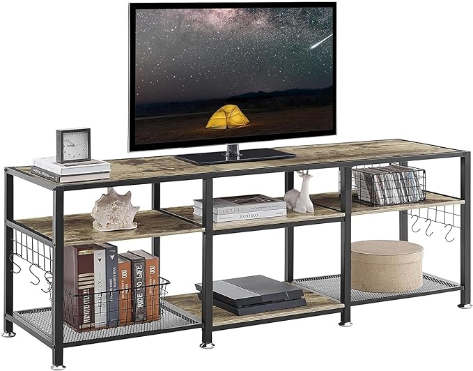 VECELO 63" TV Stand for 60/65/70 Inch Television, Entertainment Center with Storage Shelves & Hooks, 3-Tier Modern Wooden Console Table for Living, Bedroom and Gaming Room, 63 Inch, Oak Grey - LeafyLoom