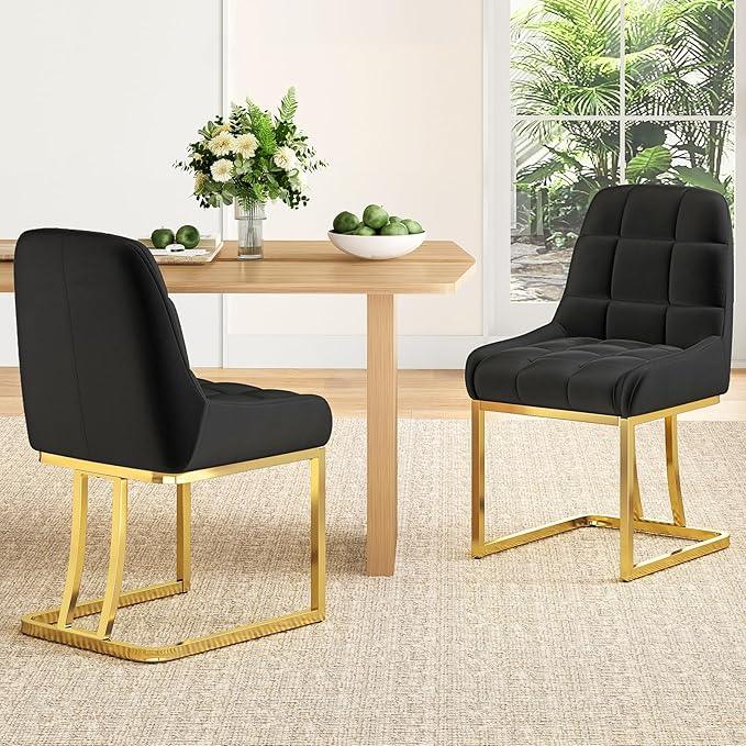 STARY Upholstered Velvet Armless Dining Room Chairs with Gold Metal Legs for Kitchen Restaurant, Black- Set of 4 - LeafyLoom