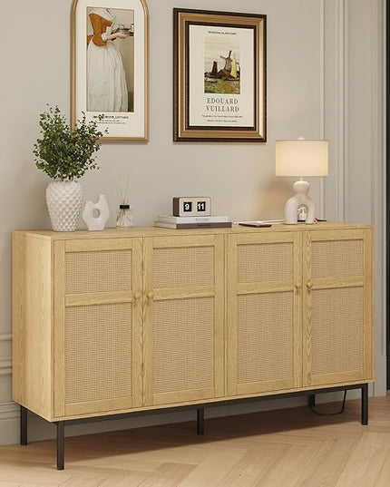 Lifewit Rattan Sideboard Buffet Cabinet, Console Table with Power Outlet, Credenza, Storage Cabinet, Coffee Bar Cabinet for Kitchen, Dining Room, Living Room, Entryway, 4 Doors, Natural - LeafyLoom