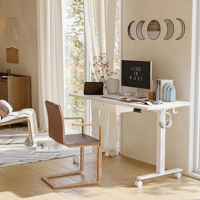 FEZIBO 55 x 24 Inches Standing Desk with Drawer, Adjustable Height Electric Stand up Desk with Storage, Sit Stand Home Office Desk, Ergonomic Computer Desk, White - LeafyLoom