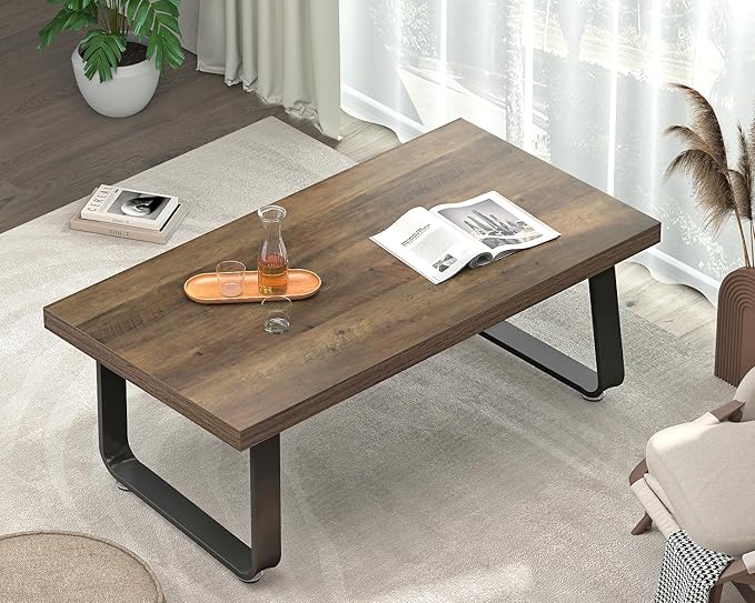 HSH Wood Coffee Table, Farmhouse Minimalist Center Table, Industrial Wooden and Metal Legs Living Room Table, Modern Simple Rectangular Cocktail Tea Table for Bedroom Home Office, Rustic Oak, 47 Inch - LeafyLoom
