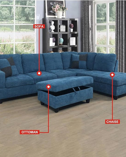 ROOMTEC 3 Piece L Shaped Sectional Sofa Set with Storage Ottoman, Right Facing Chaise Longue, Reversible Backrest w/ 2 Cup Holders, Flannel Tufted Cushions, for Living Room, Blue - LeafyLoom