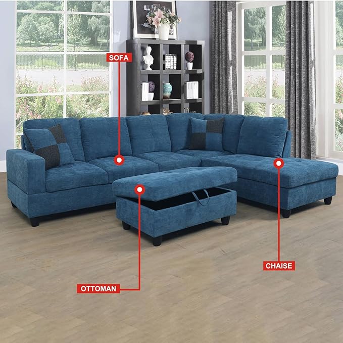 ROOMTEC 3 Piece L Shaped Sectional Sofa Set with Storage Ottoman, Right Facing Chaise Longue, Reversible Backrest w/ 2 Cup Holders, Flannel Tufted Cushions, for Living Room, Blue - LeafyLoom
