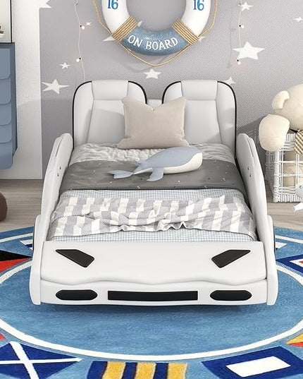 Twin Size Race Car Bed, PU Car-Shaped Bedframe with Wheels and Guardrails for Kids,Boys,Wood Slat Support, No Box Spring Needed,White - LeafyLoom
