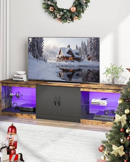 Bestier 70 Inch Led TV Stand for 75 Inch TV Large Entertainment Center Gaming with Adjustable Glass Shelves Two Cabinets Modern TV Console for Living Room 22 RGB Modes, Rustic Brown - LeafyLoom