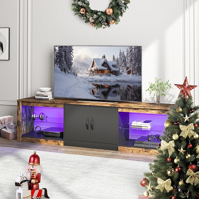 Bestier 70 Inch Led TV Stand for 75 Inch TV Large Entertainment Center Gaming with Adjustable Glass Shelves Two Cabinets Modern TV Console for Living Room 22 RGB Modes, Rustic Brown - LeafyLoom