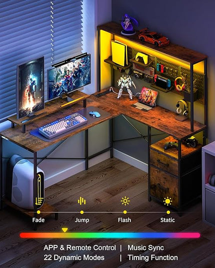 Yoobure L Shaped Desk with Pegboard, Reversible Gaming Desk with LED Lights & Power Outlets, Computer Desk with Drawers & Storage Shelves, Office Desk with Monitor Stand Corner Desk Home Office Desks - LeafyLoom