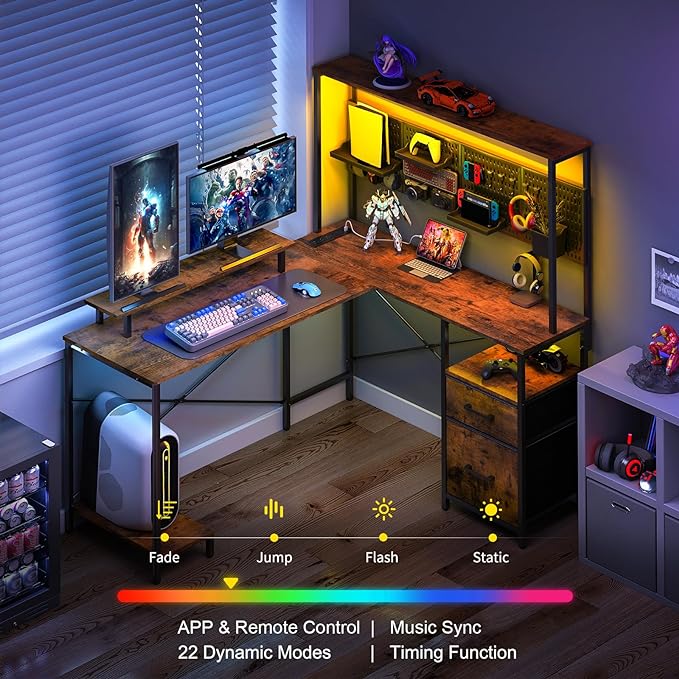 Yoobure L Shaped Desk with Pegboard, Reversible Gaming Desk with LED Lights & Power Outlets, Computer Desk with Drawers & Storage Shelves, Office Desk with Monitor Stand Corner Desk Home Office Desks - LeafyLoom