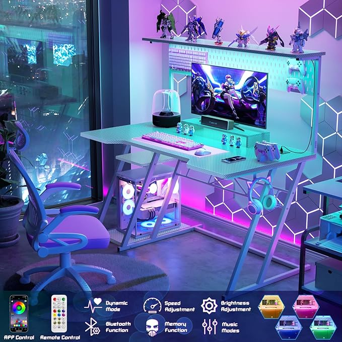Gaming Computer Desk with Storage Shelves & Z-Shaped Legs, White Gaming Desk with Hutch and LED Lights, Reversible PC Gaming Desk with Pegboard for Bedroom & Small Spaces, Carbon Fiber Surface, 47'' - LeafyLoom