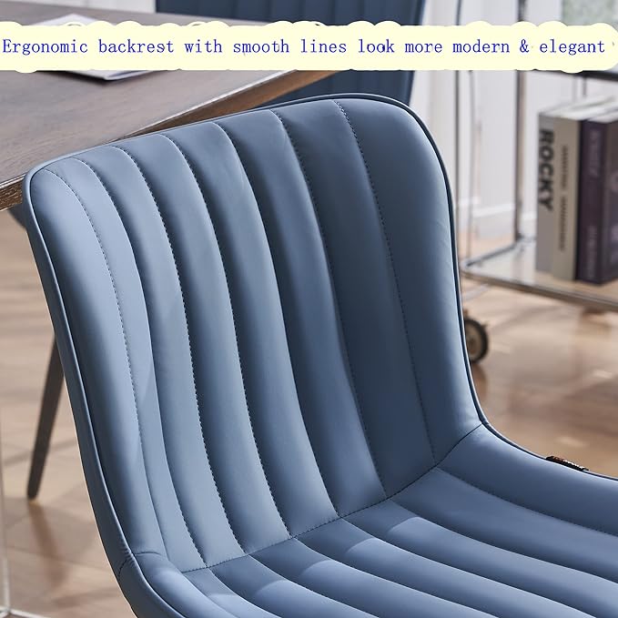 YOUNUOKE Blue Dining Chairs Set of 2 Upholstered Mid Century Modern Kitchen Dinner Chair Armless Faux Leather Guest Waiting Room Side Chair with Padded Backrest Metal Legs for Living Room Bedroom - LeafyLoom