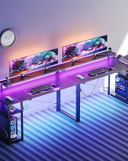 MOTPK Gaming Desk with Led Lights & Power Outlet, 47 Inch Gaming Computer Desk with Shelves, Reversible Gamer Desk Table with Adjustable Monitor Stand & Headphone Hook, Carbon Fiber Texture, Black - LeafyLoom