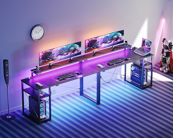 MOTPK Gaming Desk with Led Lights & Power Outlet, 47 Inch Gaming Computer Desk with Shelves, Reversible Gamer Desk Table with Adjustable Monitor Stand & Headphone Hook, Carbon Fiber Texture, Black - LeafyLoom