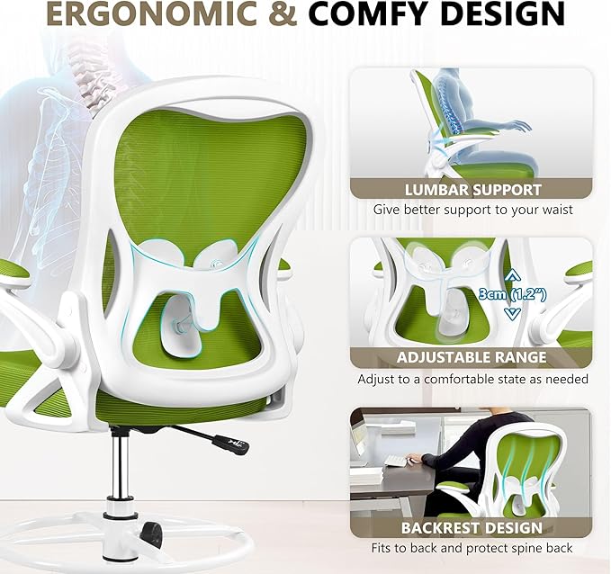 Drafting Chair, Tall Office Chair Ergonomic Standing Desk chair, Lumbar Support Computer Chair Swivel Task Rolling Chair with Adjustable Flip-up Armrests & Foot Ring (Green) - LeafyLoom
