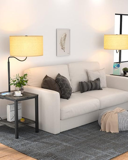 LED Floor Lamp with Table - End Table with USB Charging Port, Power Outlet, Bedside Nightstand Shelves, Side Table with Reading Standing Light for Living Room, Black Oak, Bulb Included, 2 Pack - LeafyLoom