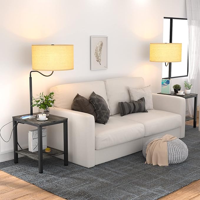 LED Floor Lamp with Table - End Table with USB Charging Port, Power Outlet, Bedside Nightstand Shelves, Side Table with Reading Standing Light for Living Room, Black Oak, Bulb Included, 2 Pack - LeafyLoom