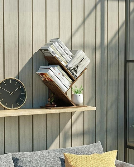 3 Tier Small Tree Bookshelf Desk Book Organizer Narrow Bookcases for Books Magazines CDs Free Standing Retro Wooden Storage Shelves for Home Office Bedroom Living Room Rustic Brown - LeafyLoom