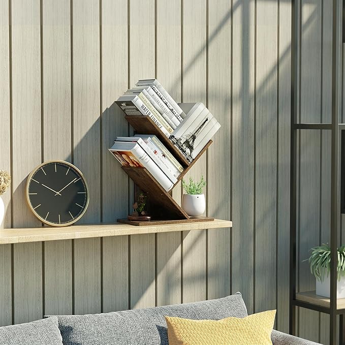 3 Tier Small Tree Bookshelf Desk Book Organizer Narrow Bookcases for Books Magazines CDs Free Standing Retro Wooden Storage Shelves for Home Office Bedroom Living Room Rustic Brown - LeafyLoom