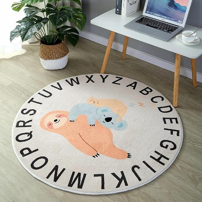 ABC Round Rug for Kids Warm and Soft Alphabet Nursery Animal Area Rugs Fun Rugs for Play Rooms Non-Slip Mats Crawling Mats Decorative Rugs for Bedrooms Living Rooms (Sloth, 78in) - LeafyLoom