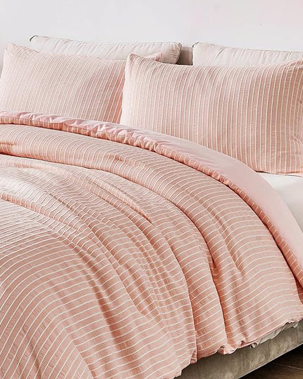 ENCOFT White and Pink Queen Size Comforter, 3 Pieces Textured Boho Striped Comforter for Queen Size Bed, Soft Microfiber All Seasons Girls Comforter Queen 90x90 Inches - LeafyLoom
