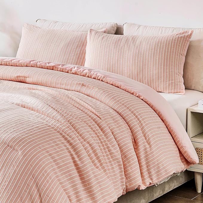 ENCOFT White and Pink Queen Size Comforter, 3 Pieces Textured Boho Striped Comforter for Queen Size Bed, Soft Microfiber All Seasons Girls Comforter Queen 90x90 Inches - LeafyLoom