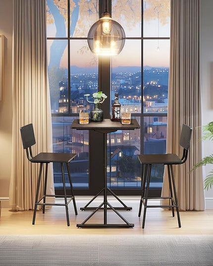 VECELO 3-Piece Bar Table Chairs, Square Counter Height Bistro Dinette Sets with 2 Barstools for Kitchen, Breakfast Nook, Small Spaces, Black - LeafyLoom