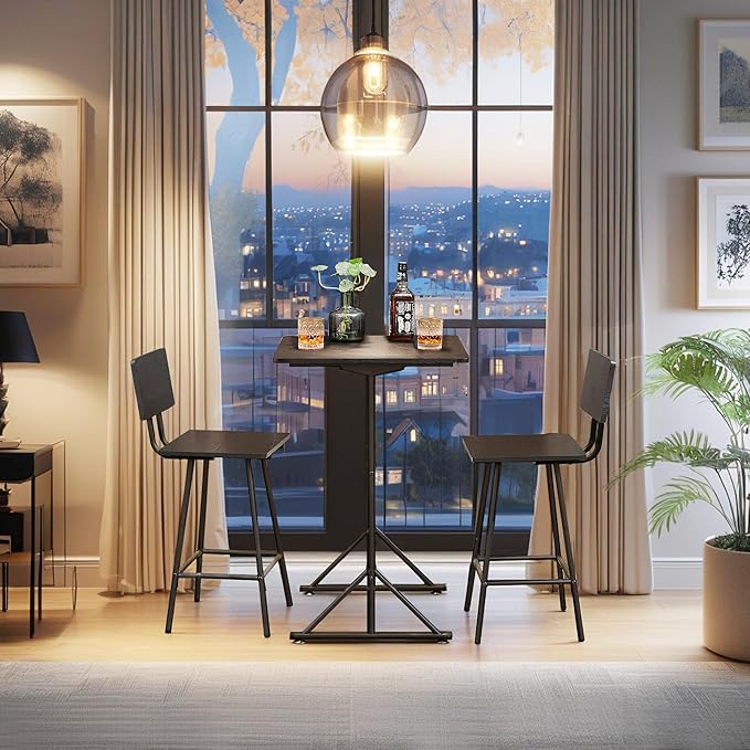 VECELO 3-Piece Bar Table Chairs, Square Counter Height Bistro Dinette Sets with 2 Barstools for Kitchen, Breakfast Nook, Small Spaces, Black - LeafyLoom