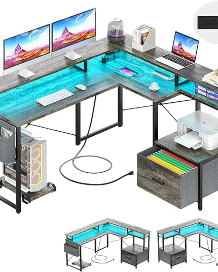 Unikito L Shaped Desk with File Drawer, Reversible L Shaped Computer Desk with Power Outlet & LED Lights, Home Office Desk Corner Desk with Monitor Shelf and Printer Cabinet, Gaming Desk, Black Oak - LeafyLoom