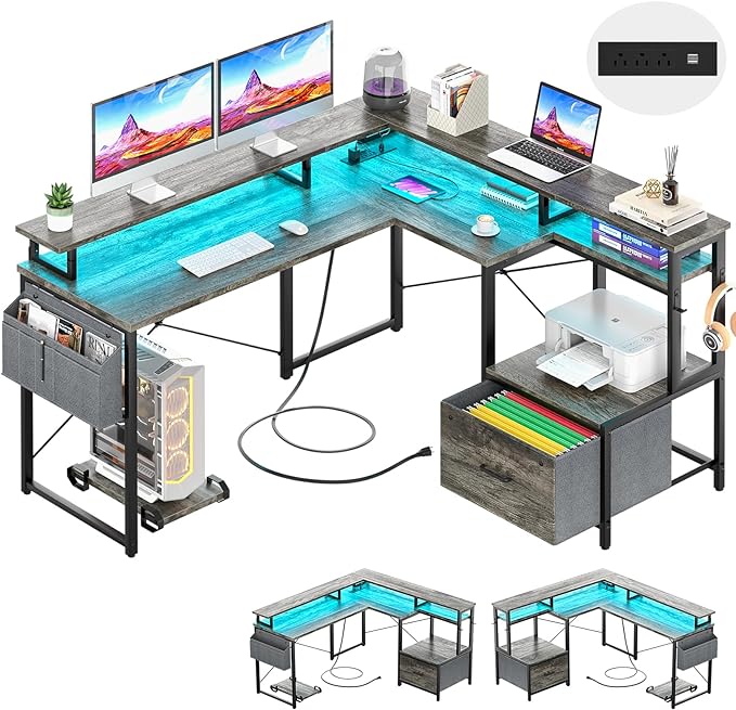Unikito L Shaped Desk with File Drawer, Reversible L Shaped Computer Desk with Power Outlet & LED Lights, Home Office Desk Corner Desk with Monitor Shelf and Printer Cabinet, Gaming Desk, Black Oak - LeafyLoom