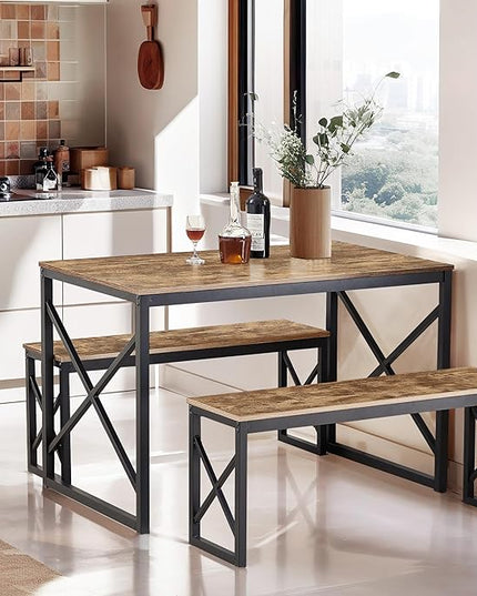 VECELO Kitchen Table with 2 Benches for 4, 43.3'' Wood Dining Room Dinette Sets with X Metal Frame for Breakfast Nook and Small Space, Brown - LeafyLoom