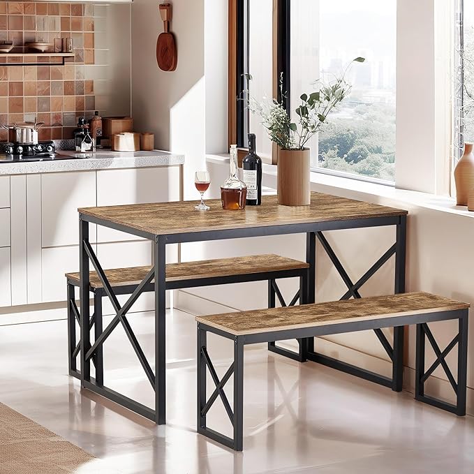 VECELO Kitchen Table with 2 Benches for 4, 43.3'' Wood Dining Room Dinette Sets with X Metal Frame for Breakfast Nook and Small Space, Brown - LeafyLoom