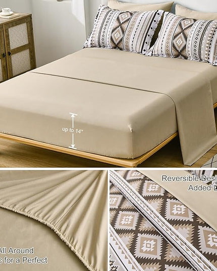 Dinjoy Khaki Aztec Comforter Set Queen Size,7 Pieces Bed in a Bag Queen Beige Boho Bedding Sets with Sheets Bohemian Geometric Striped Complete Set for All Seasons 90"x90" - LeafyLoom