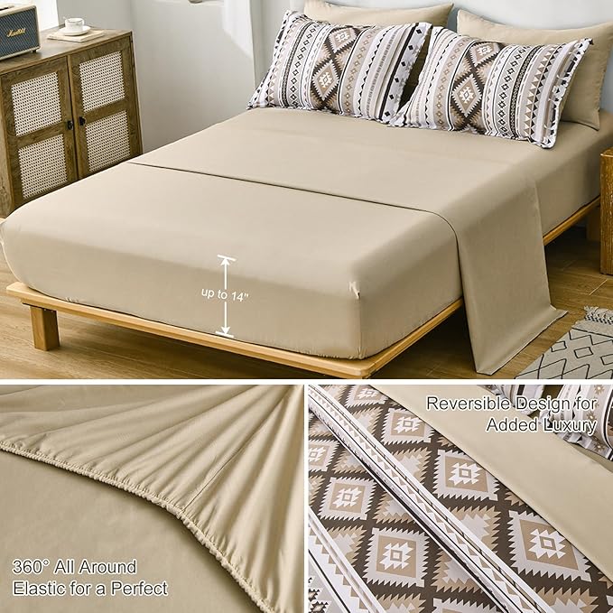 Khaki Aztec Comforter Set King,7 Pieces Bed in A Bag King Size Boho Striped Bedding Set Bohemian Patchwork Complete Set Geometric Pattern Comforters for Women Men 90"×104" - LeafyLoom
