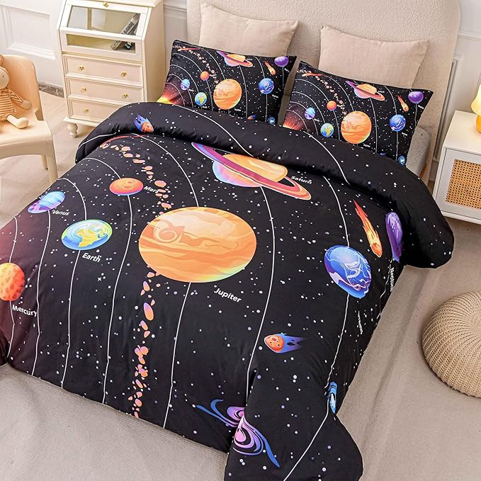 6 Pcs Solar System Comforter Set Full Outer Space Bedding Set Universe Planets Theme Comforter for Boys Kids Ultra-Soft (1 Comforter, 2 Pillowcases, 1 Flat Sheet, 1 Fitted Sheet,1 Pillowcover) - LeafyLoom