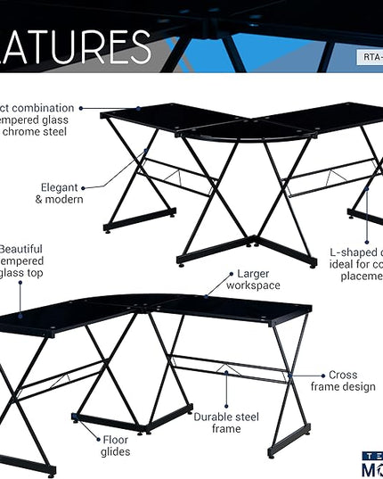 Techni Mobili RTA-3805L-BK L-Shaped Glass Computer Desk, Black, 51" D x 51" W x 29" H - LeafyLoom